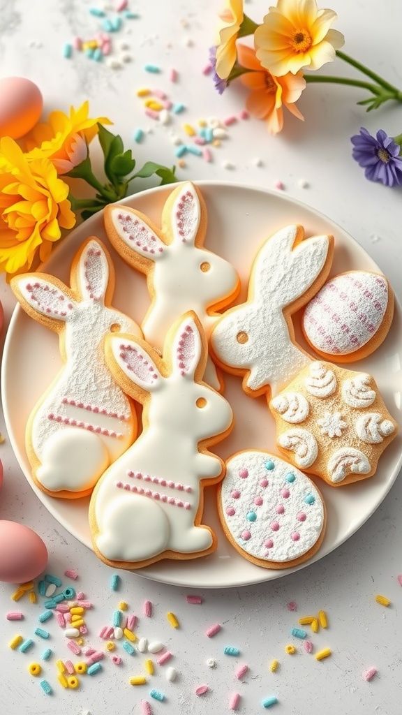 Plate of beautifully decorated Easter cookies shaped like bunnies and eggs, surrounded by flowers and colorful sprinkles.