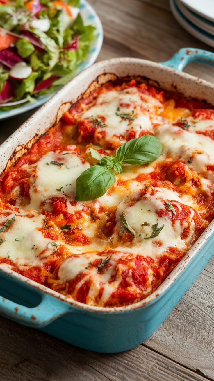 A delicious Keto Chicken Parmesan Casserole topped with melted cheese and fresh basil, served alongside a salad.