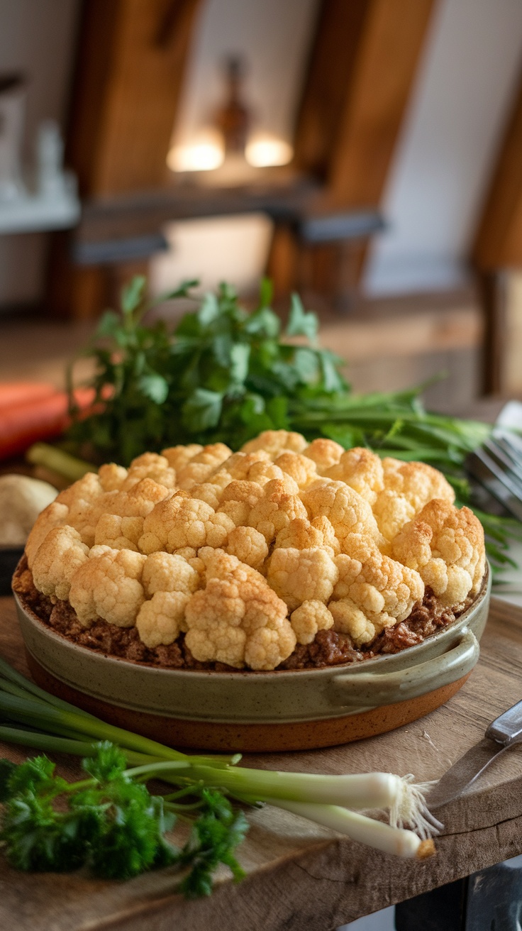 A delicious keto shepherd's pie topped with golden cauliflower, surrounded by fresh herbs and vegetables.