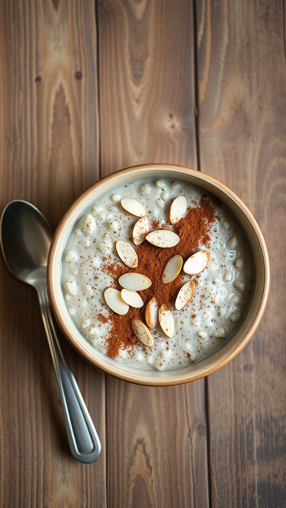 Bowl of mocha almond overnight oats topped with sliced almonds and cocoa powder on a wooden table