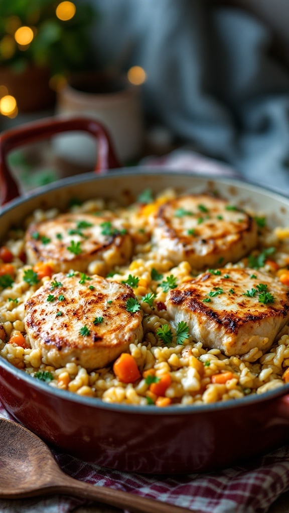 A savory Pork Chop Casserole with golden pork chops, creamy rice, and mixed vegetables in a rustic dish.