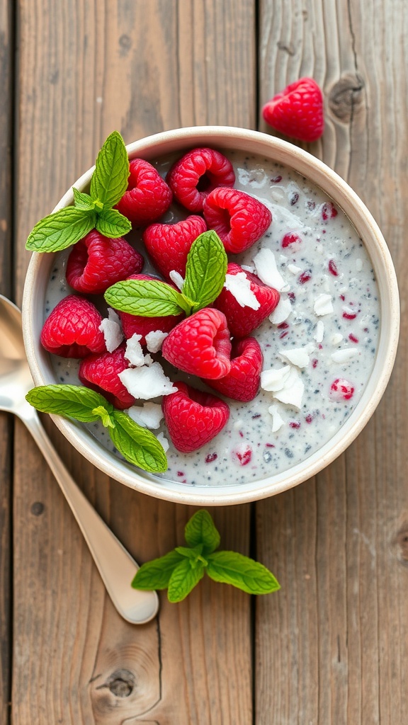 Bowl of raspberry chia pudding overnight oats topped with fresh raspberries and mint leaves