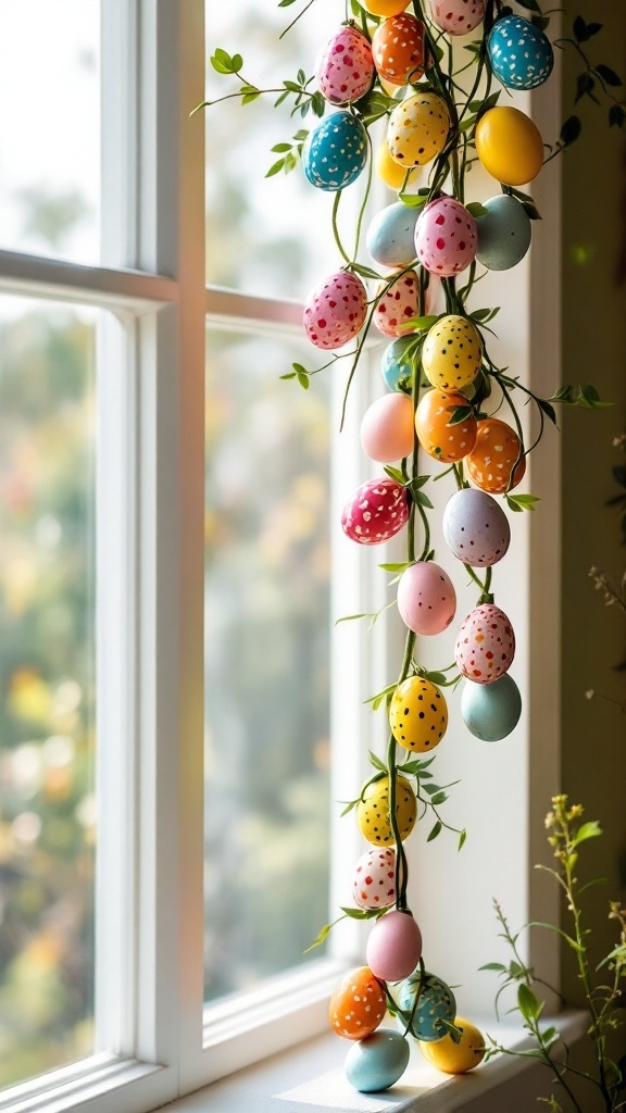 Colorful egg garland hanging by a sunny window