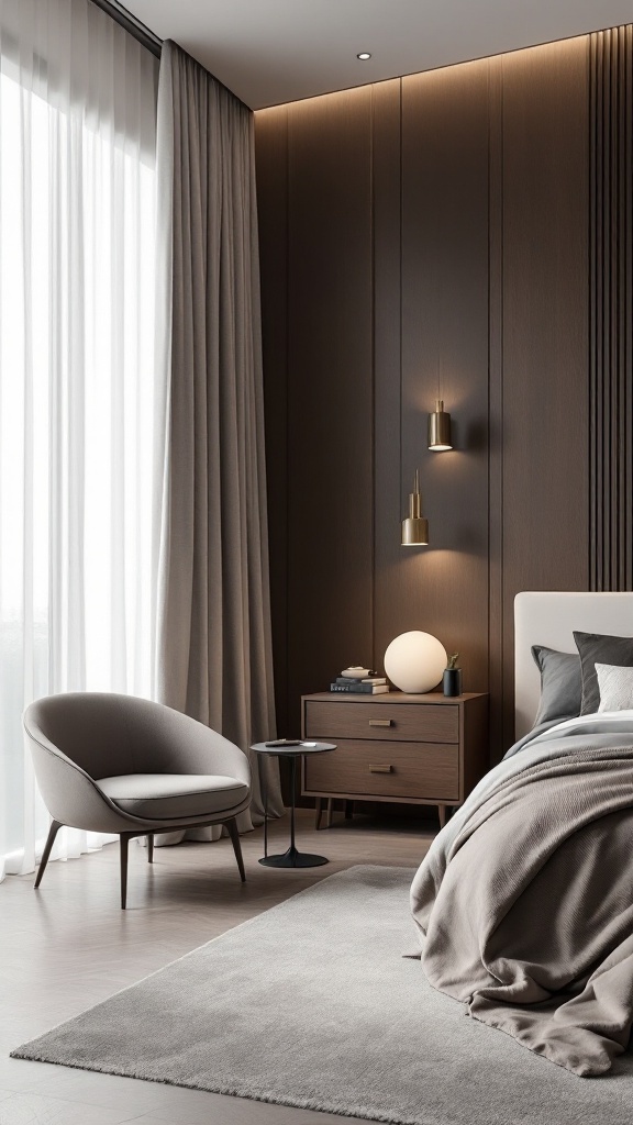 Luxurious bedroom showcasing designer furniture accents with a plush chair, stylish nightstand, and warm lighting.