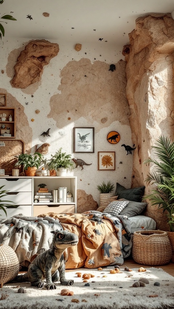 A dinosaur-themed boys' bedroom with textured walls resembling rocky terrain, figurines, and a cozy bed with dino blankets.