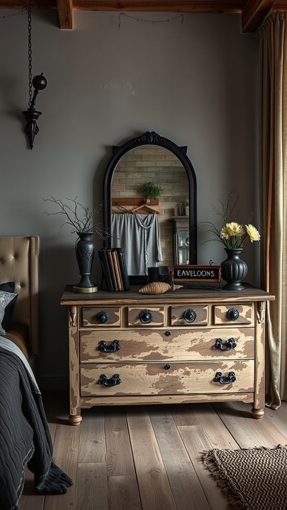 A distressed wooden dresser with a mirror, vases, and books in a goth boho bedroom setting.