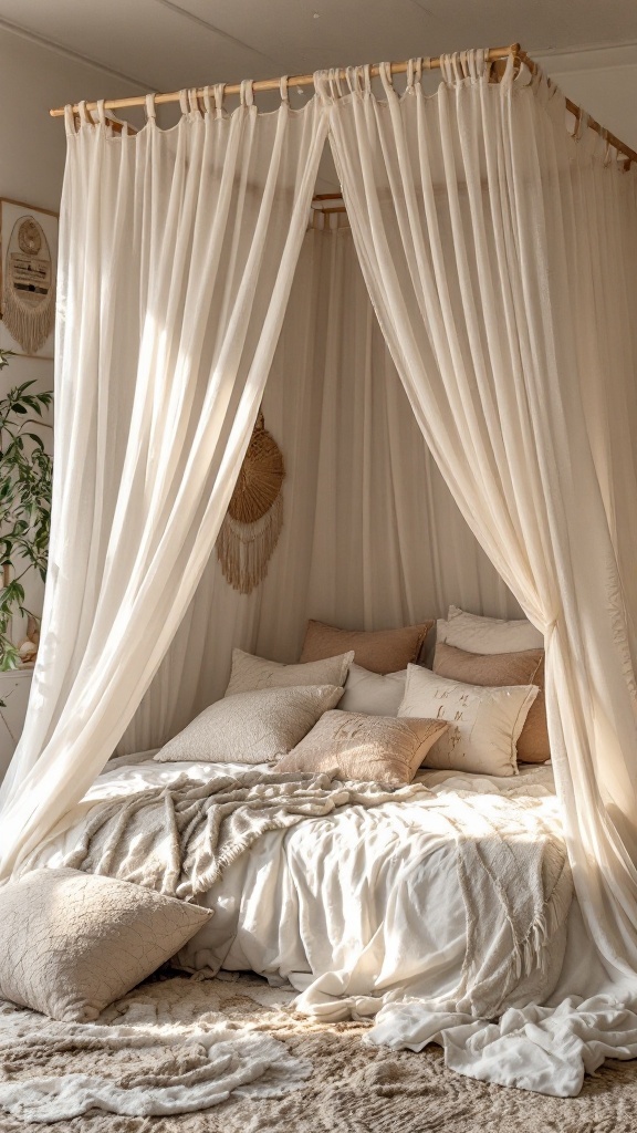 A cozy canopy bed with flowing white curtains, surrounded by soft pillows and blankets, creating a serene boho bedroom vibe.
