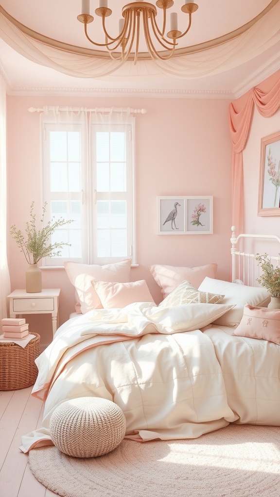 A pastel pink bedroom featuring a cozy bed with fluffy pillows and artwork on the walls, creating a serene atmosphere.