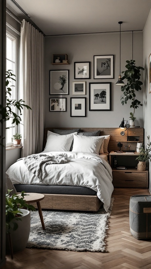 A stylish small bedroom with a bed, bedside table, and decorative elements.