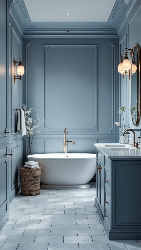 A beautifully designed bathroom featuring dusty blue walls, a freestanding tub, gold fixtures, and elegant decor.