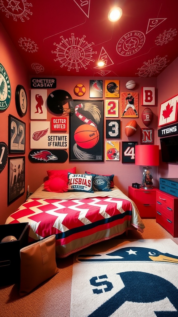 A vibrant red and black sports-themed bedroom with memorabilia and lively decor.