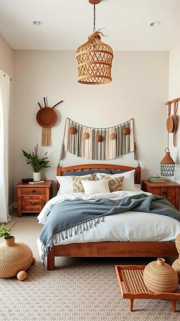 A cozy boho bedroom with earthy tones and natural materials including a wooden bed, woven light fixture, and decorative baskets.