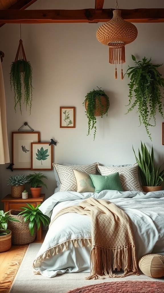 A cozy boho bedroom featuring earthy tones, light blue bedding, and various plants, creating a serene atmosphere.