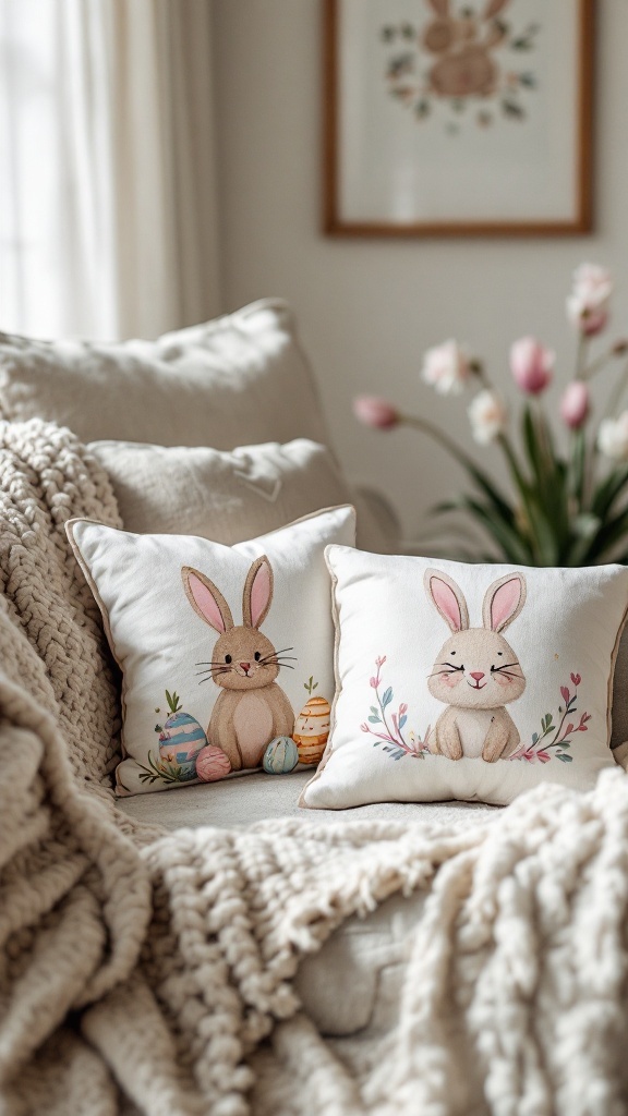 Two decorative pillows featuring cute bunny designs for Easter decor.