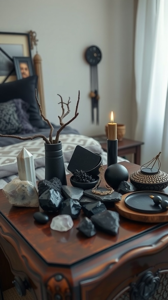 An eclectic mix of stones and crystals on a bedside table, featuring dark stones, candles, and decorative elements.