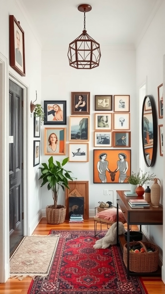 An eclectic entryway with various art pieces on the wall, a decorative rug, and a plant.