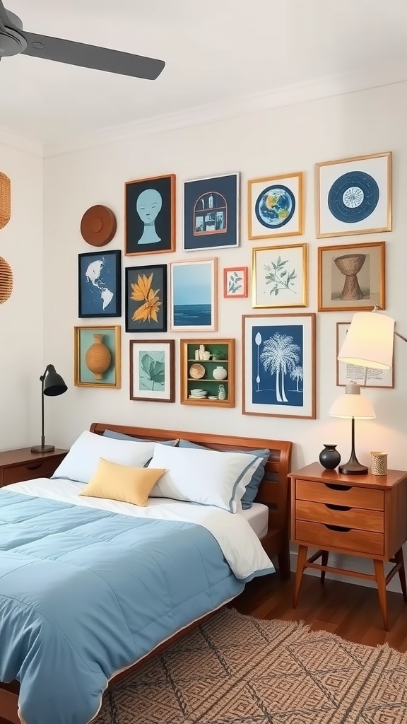 An eclectic display of framed artwork in blue tones above a bed with blue bedding.