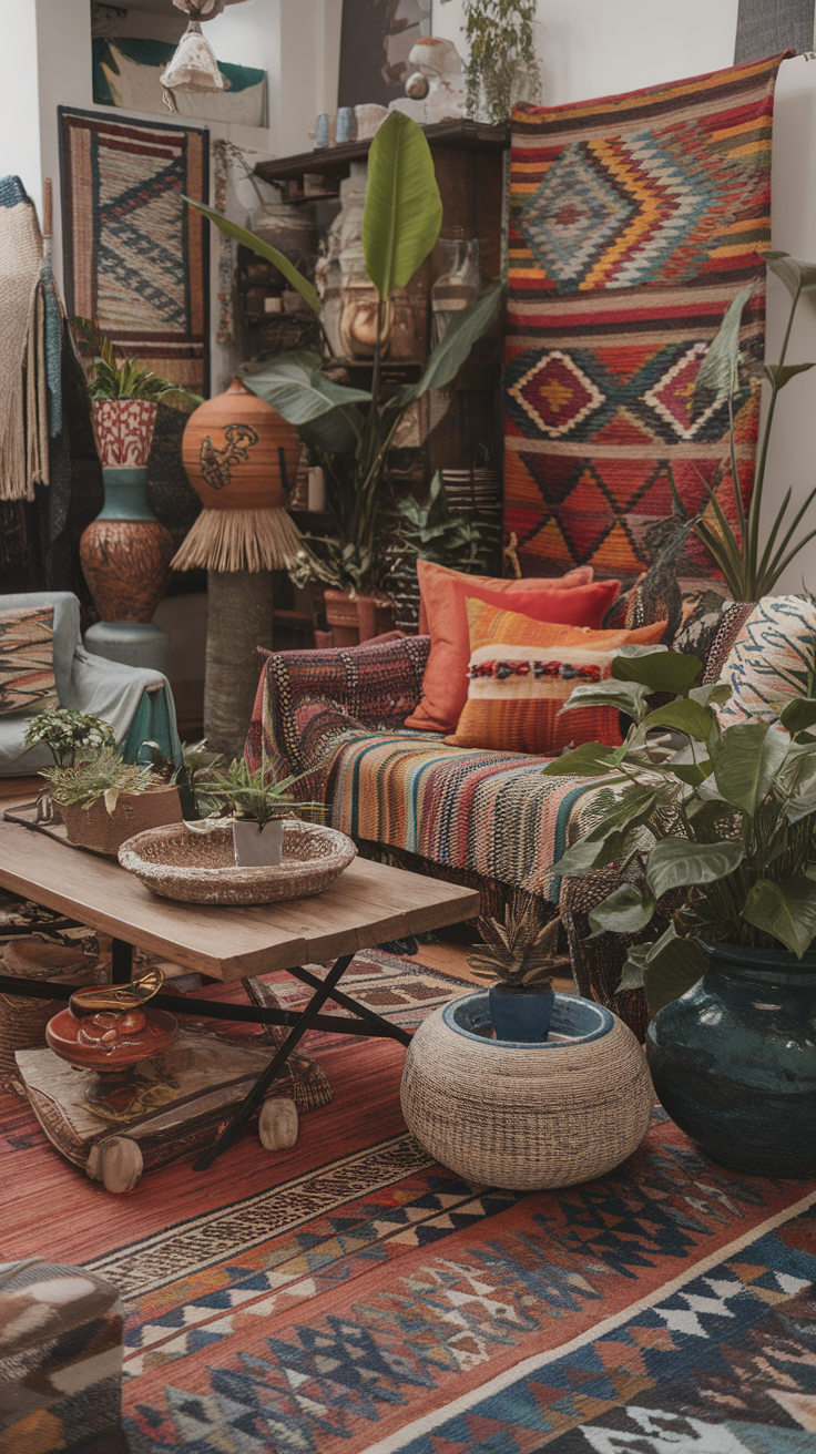 A vibrant and colorful bohemian living space with various plants, rugs, and decorative pillows.