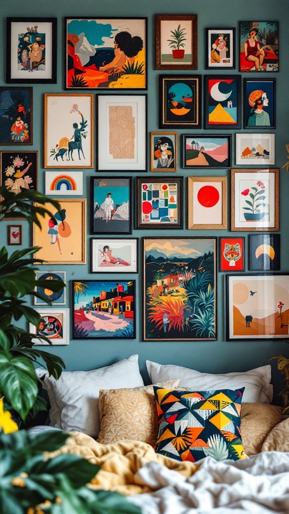 A colorful eclectic gallery wall with various framed artworks in a boho bedroom setting.