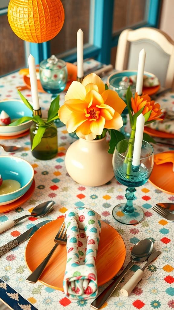 Colorful table setting with flowers, candles, and dishes for a festive occasion.