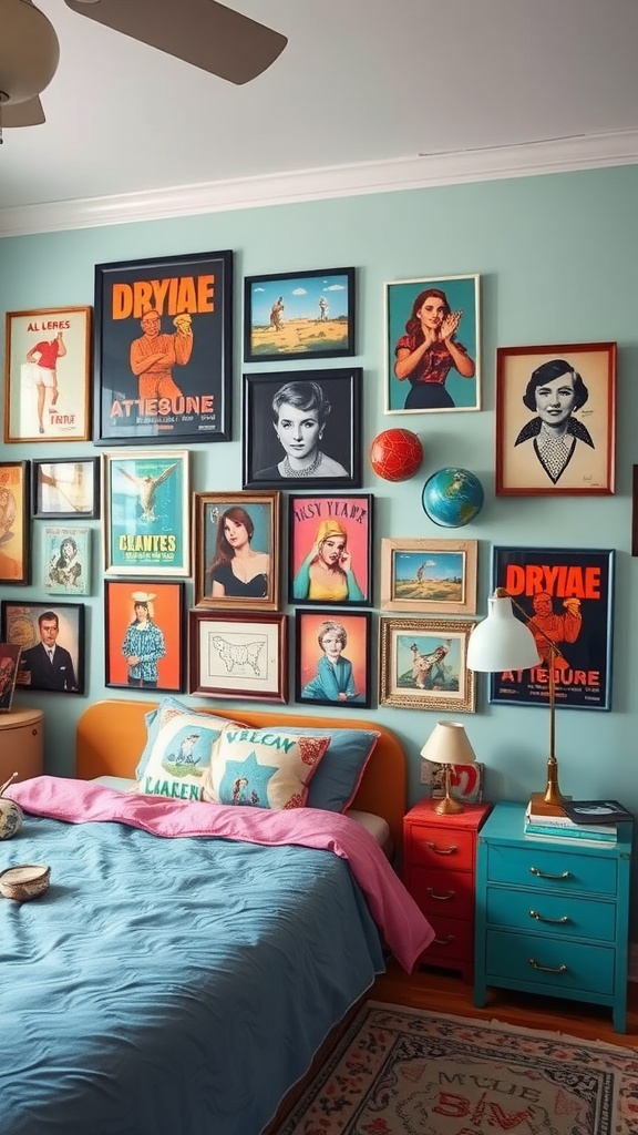 Eclectic wall art display in a retro bedroom featuring a variety of frames and vintage posters.