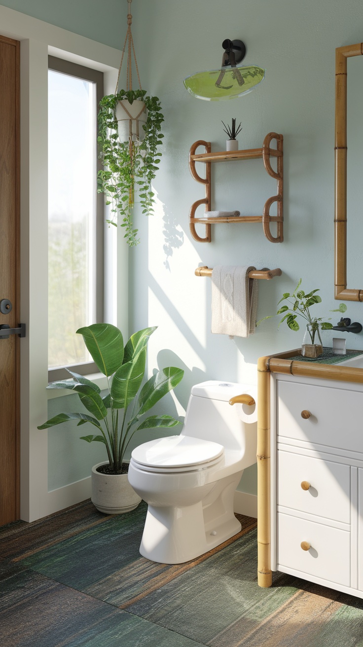 Eco-friendly bathroom design with plants, bamboo elements, and natural lighting