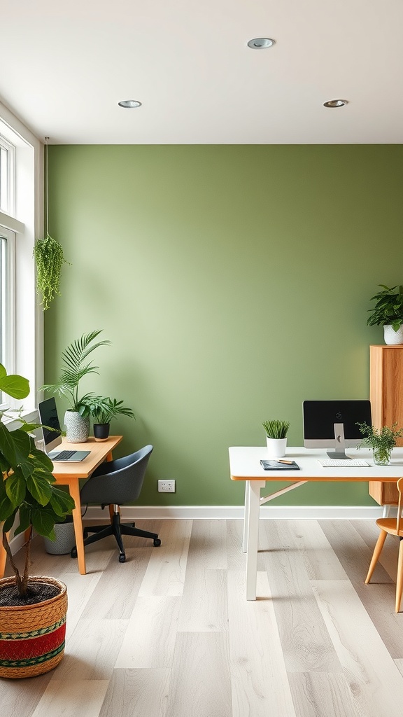 A modern home office featuring a green wall, plants, and natural wood furniture.