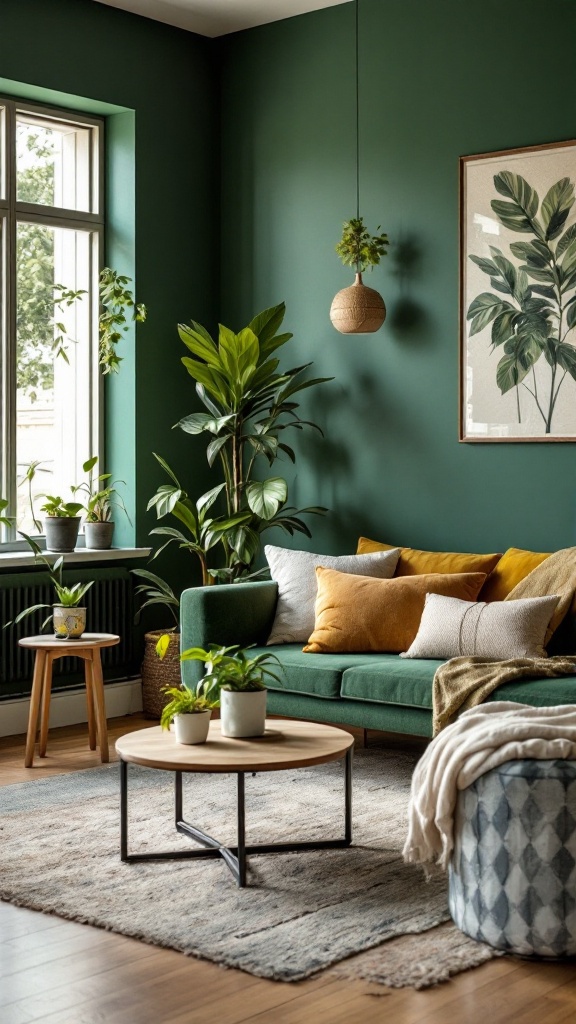 A cozy eco-friendly living room with green walls, plants, and a comfortable sofa.