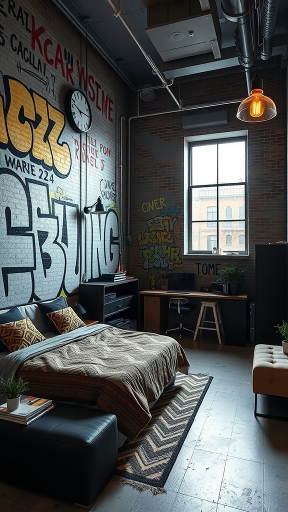 A stylish urban bedroom with graffiti art on the walls, featuring a bed, a workspace, and decorative plants.