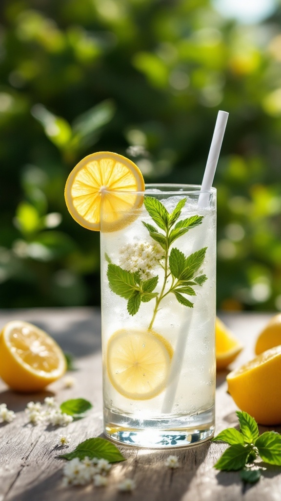 A refreshing Elderflower Spritz cocktail with mint and lemon slices