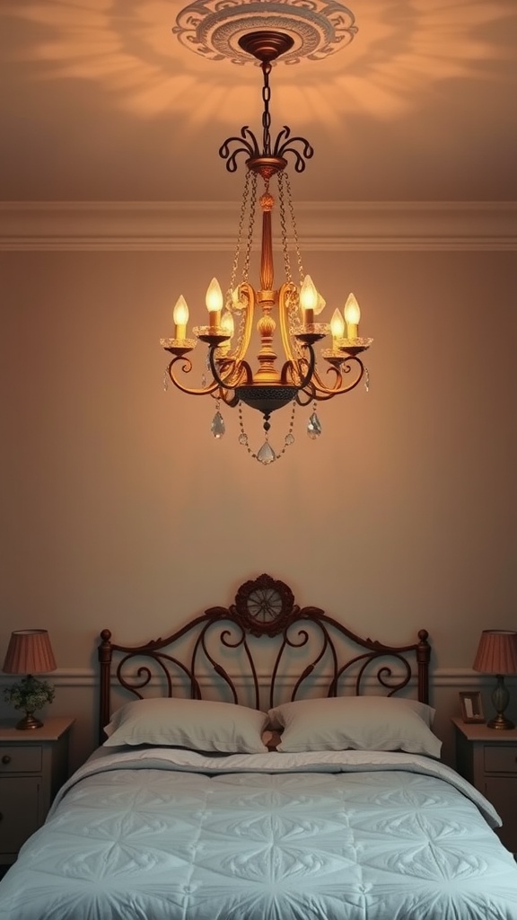 A vintage chandelier hanging above a bed in a softly lit bedroom.