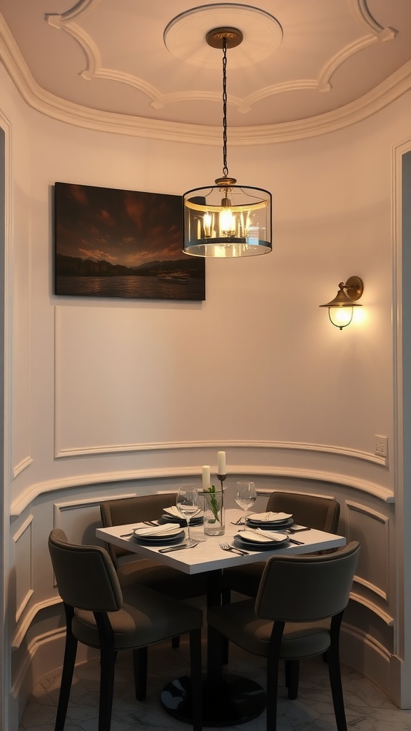 Cozy dining nook featuring a round table, elegant lighting, and stylish chairs.