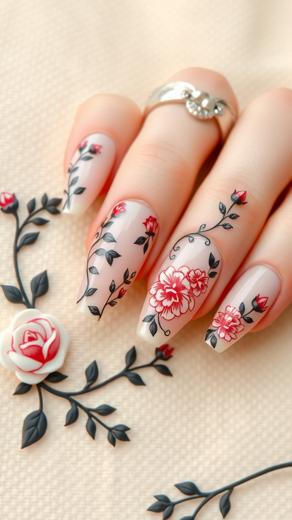 Nail art featuring floral designs with roses and vines on a neutral background.