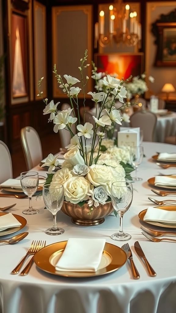 Elegant table setting with gold and white theme, featuring floral centerpiece and fine dining arrangement.