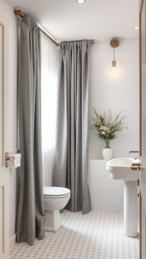 A bathroom featuring grey curtains, a white sink, and a stylish light fixture.