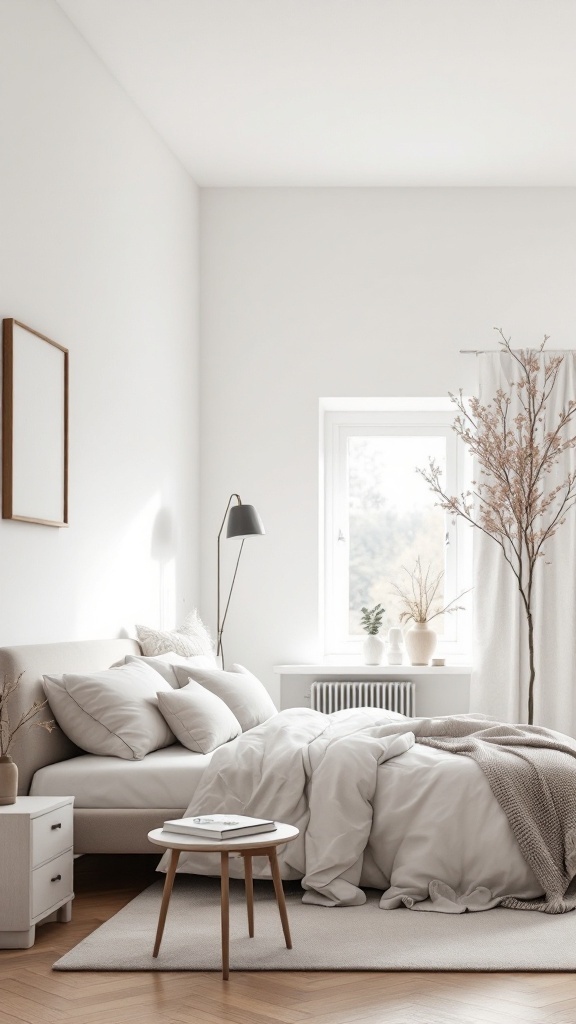 A minimalist bedroom featuring a light color palette, cozy bedding, and a touch of nature.