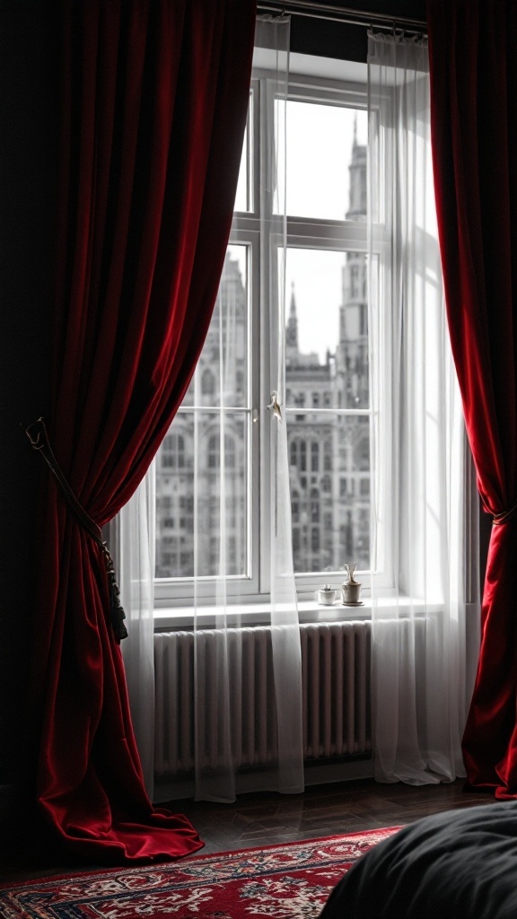 Window with elegant red curtains and sheer white drapes