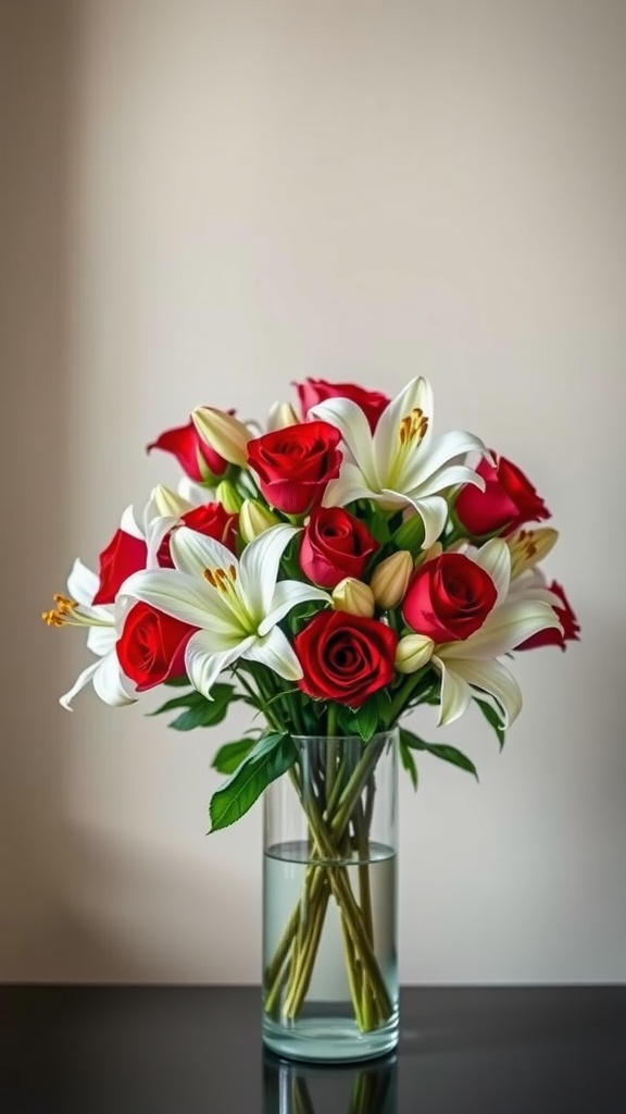 A bouquet featuring red roses and white lilies in a clear vase.