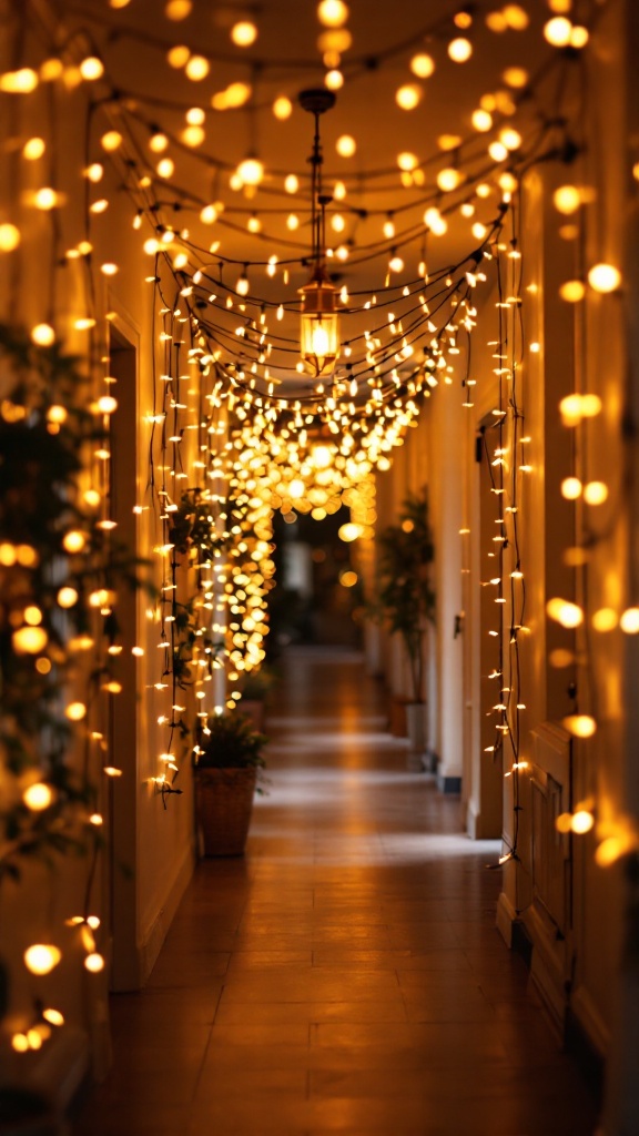 A hallway adorned with warm string lights, creating a cozy and inviting atmosphere.