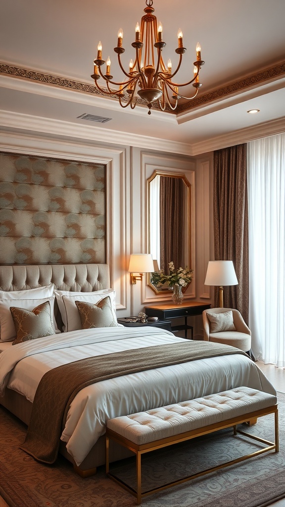 Luxurious bedroom with chandelier, upholstered headboard, and elegant decor