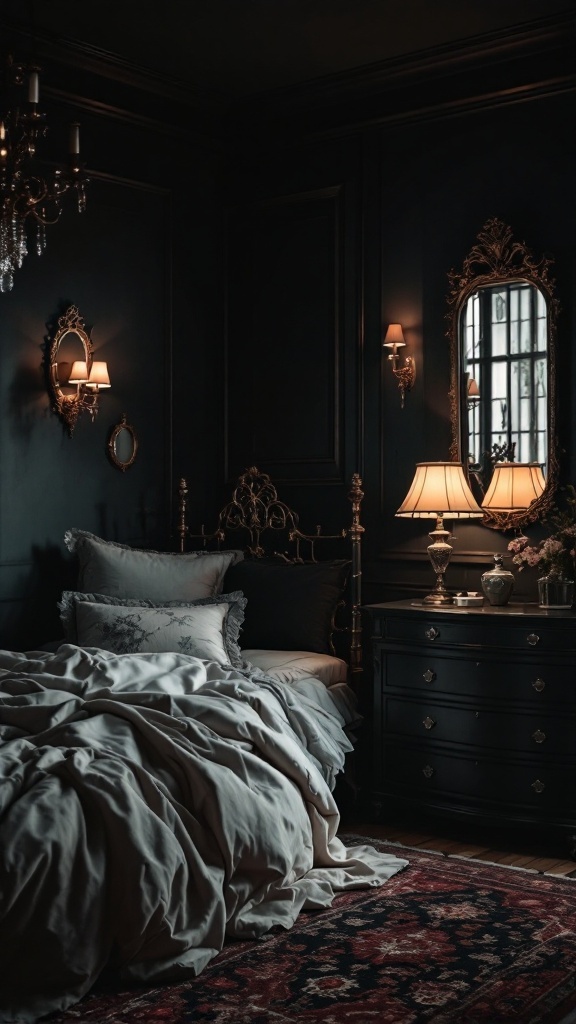 A dark feminine bedroom showcasing a vintage metal bed, elegant lighting, and vintage accessories.