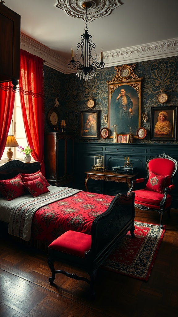 A vintage bedroom featuring red and black decor with ornate furniture and elegant curtains.