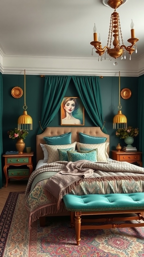 A cozy bedroom featuring emerald green walls, gold accents, and plush bedding, creating an elegant atmosphere.