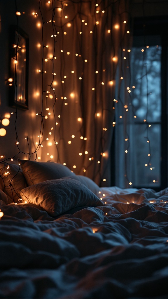 A cozy bedroom with fairy lights creating a warm glow against a dark background.