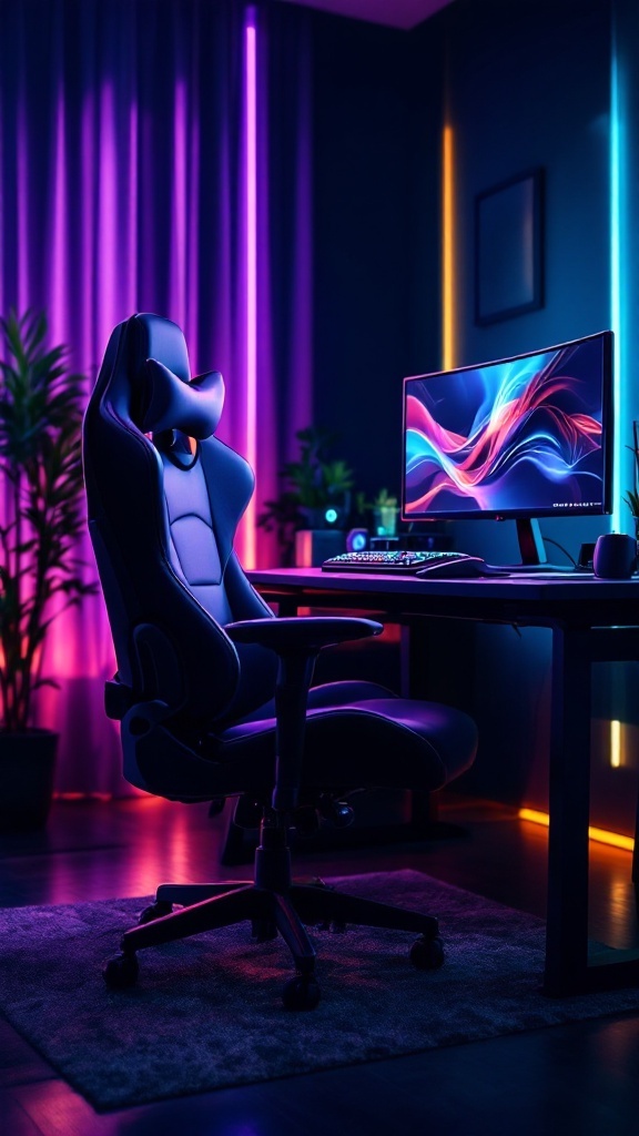 Ergonomic gaming chair in a stylish gaming room with vibrant lighting