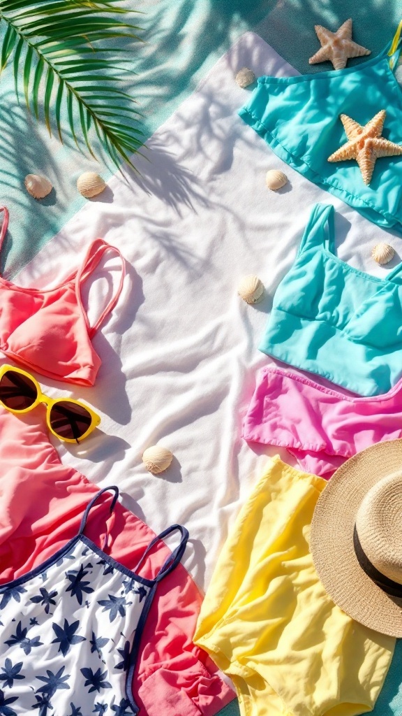 Colorful swimsuits and accessories on a beach towel surrounded by seashells and a starfish