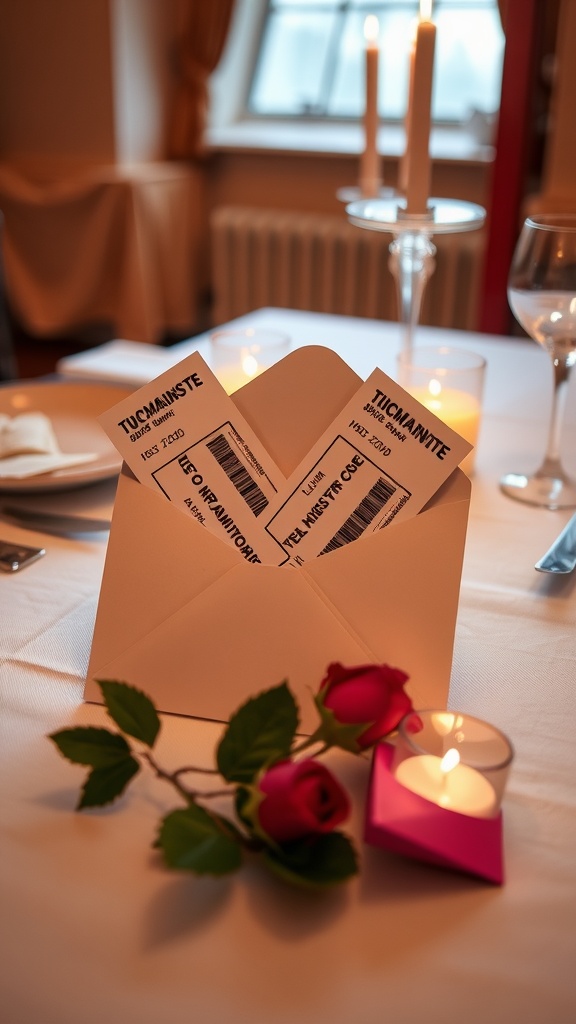 A beautifully set table with flowers, candles, and tickets in an envelope for a romantic dinner.