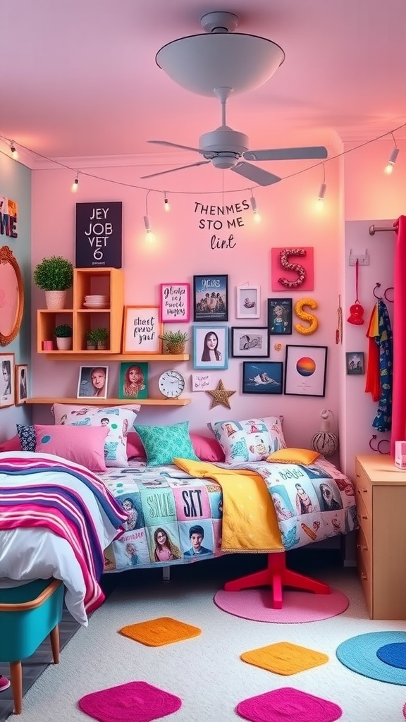 A colorful and expressive teen bedroom with bright decor, fun rugs, and inspirational art on the walls.