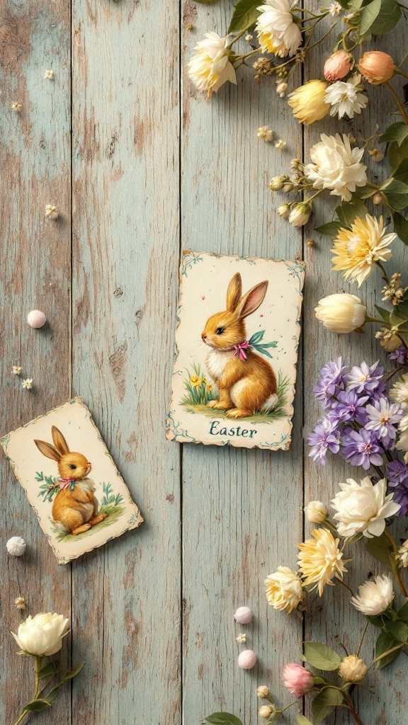 Two vintage Easter cards with illustrations of bunnies on a rustic wooden surface, surrounded by flowers.