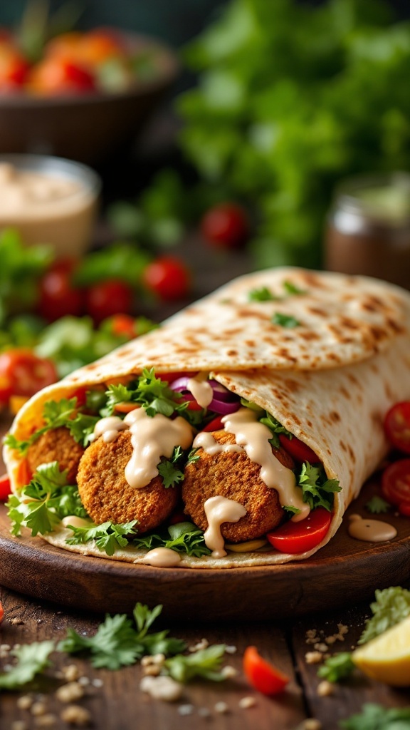 A delicious falafel wrap filled with fresh vegetables and drizzled with tahini sauce.